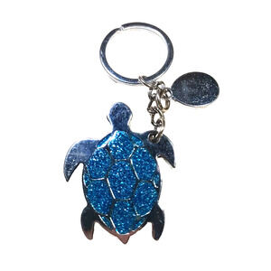 Turtle Blue Crystals Glitter ? Silver Tone Keychain